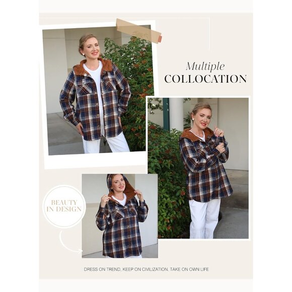 Womens Plaid Shacket Jacket Long Sleeve Button Down Fleece Hooded Jackets Warm C - Picture 5 of 8